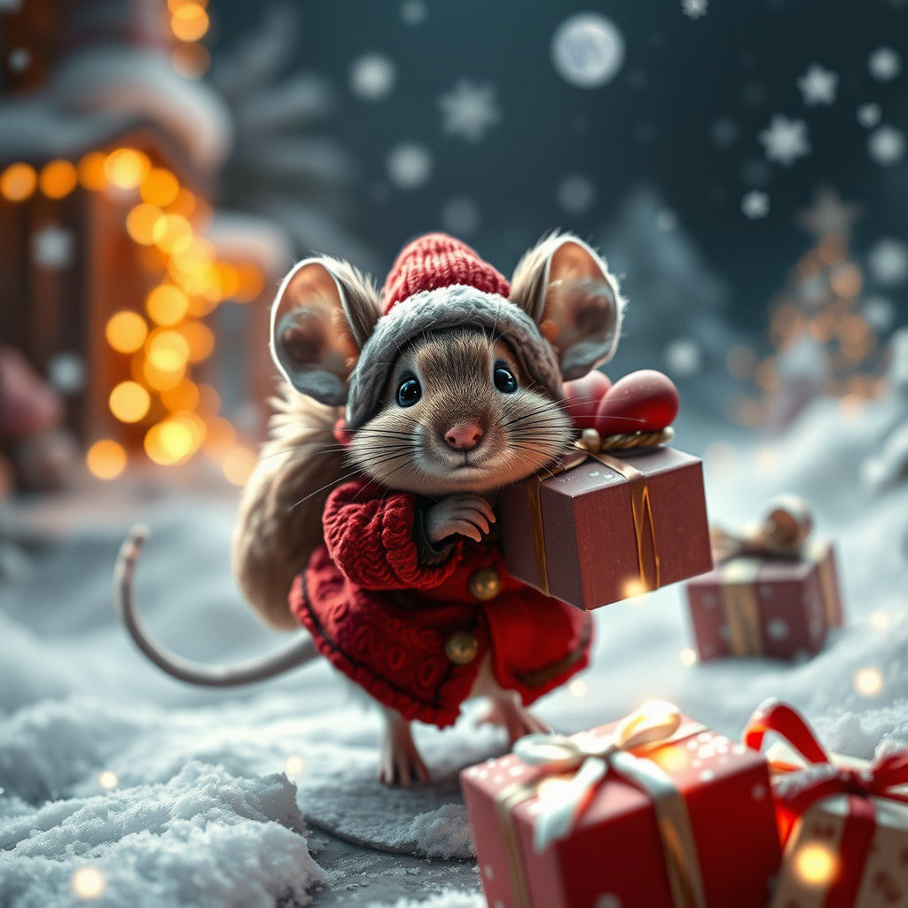 Realistic Christmas Mouse Delivers Gifts on a Magical Winter...