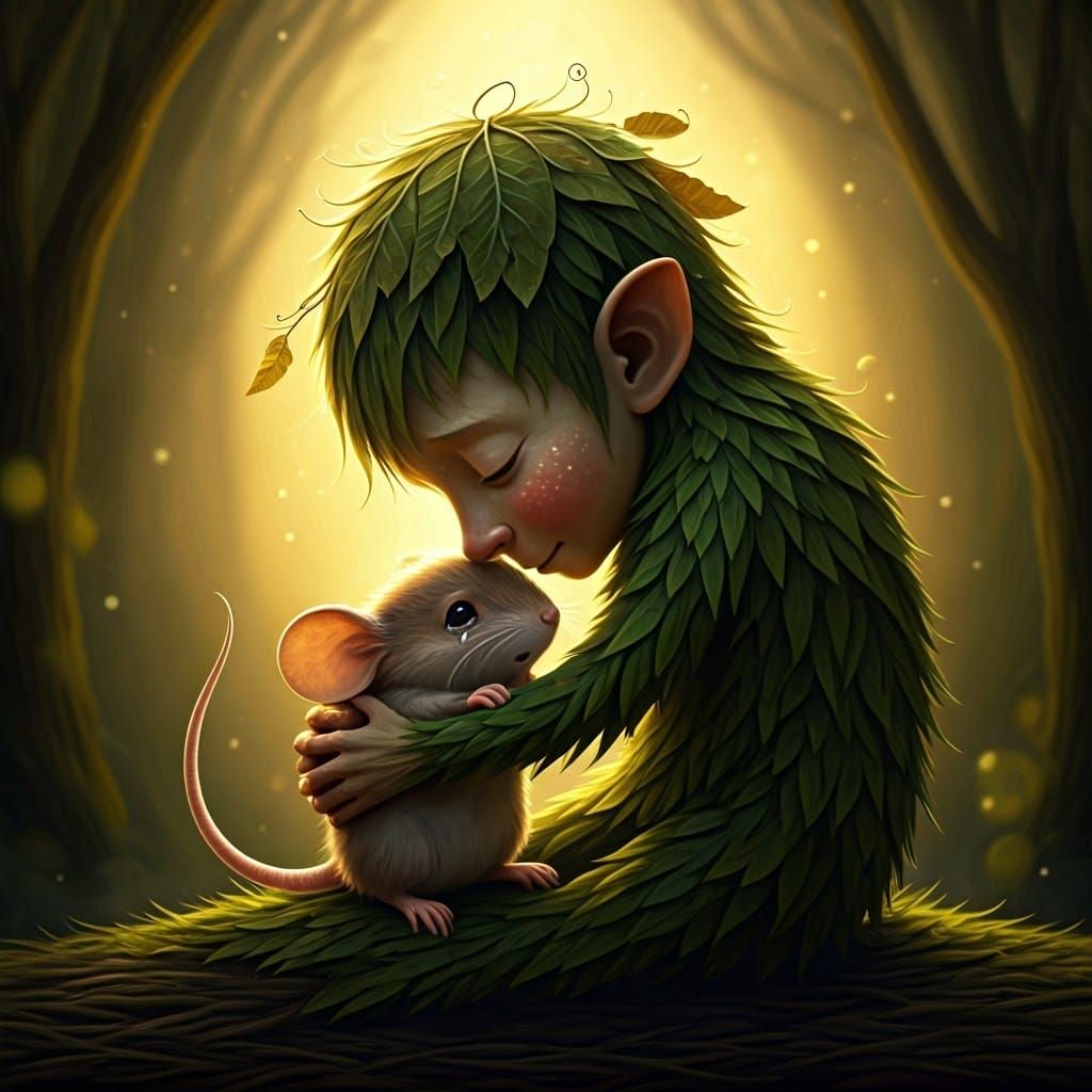 Whimsical Duende Comforts a Tearful Mouse in Golden Light