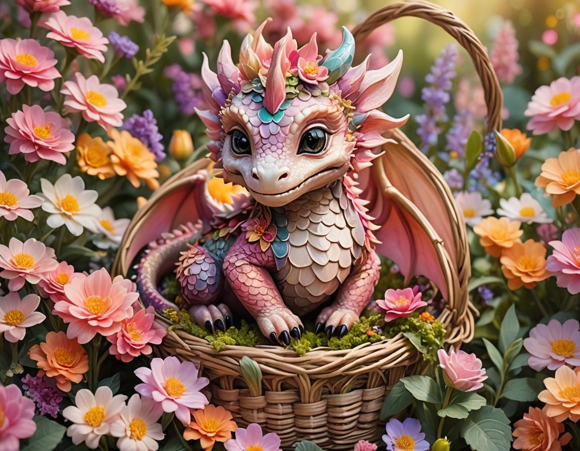 A cute miniature baby dragon sitting in a basket of colorful...