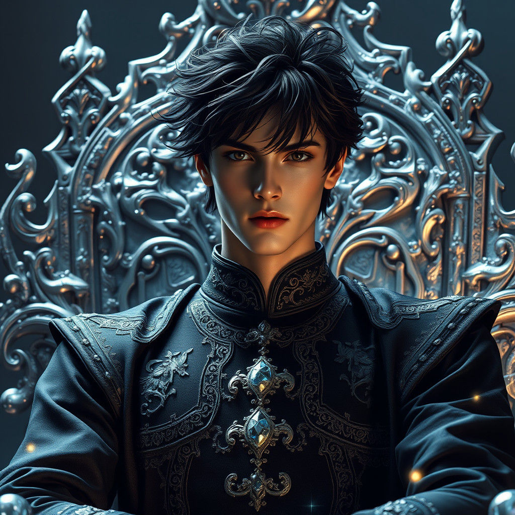 Regal Dark-Haired Prince on Silver Throne