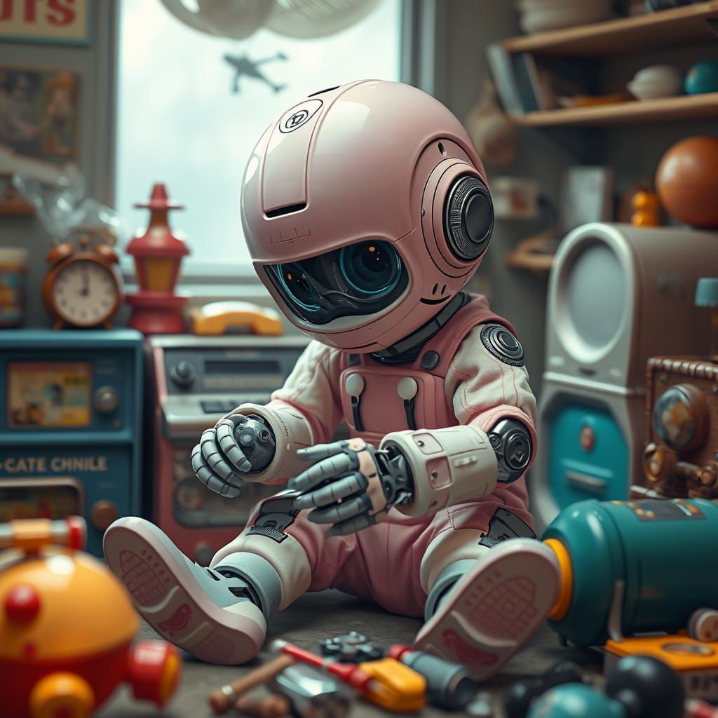 Pastel Cyborg's Nostalgic Toy Time: Hyper-Realistic Render