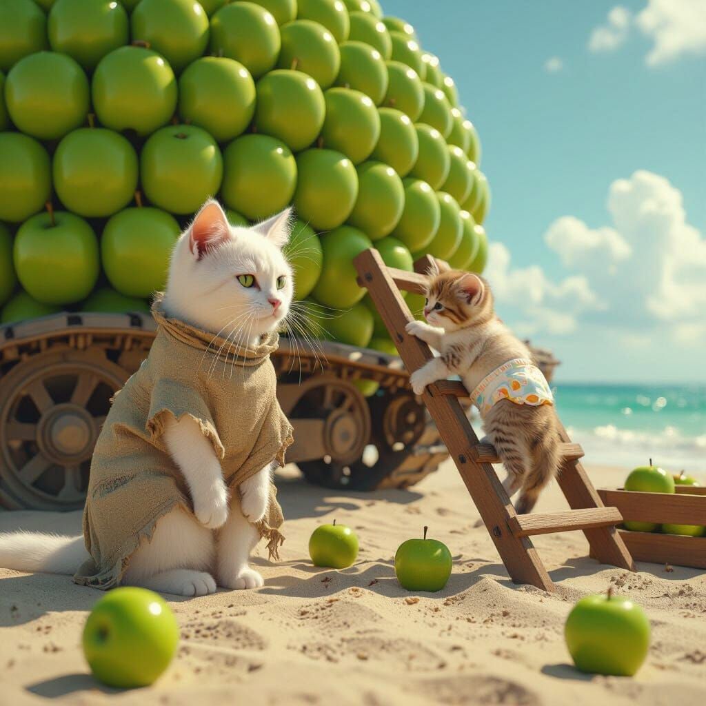 White Cat and Apple Tank on Sunny Beach
