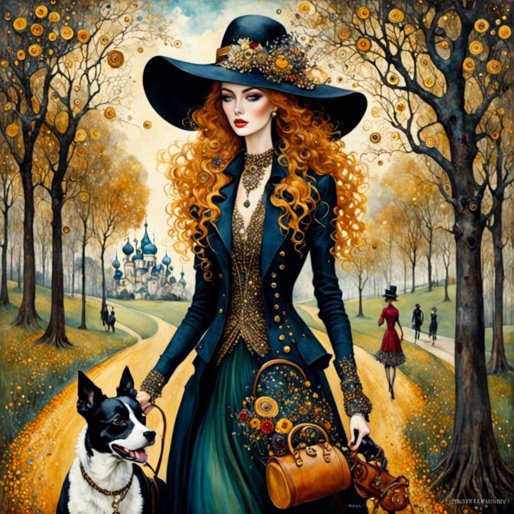 Stylish Woman Walking Dog in Park, Naive Art