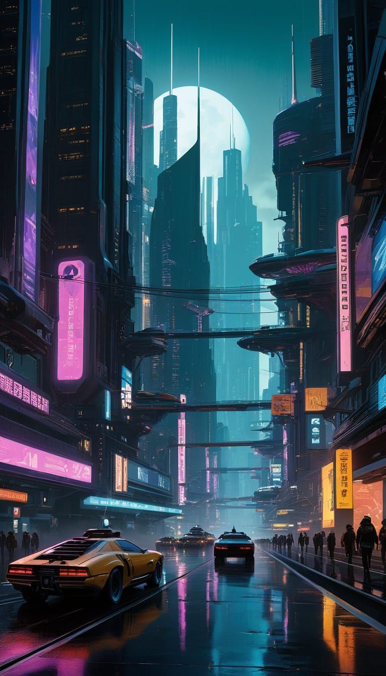 Cyberpunk Metropolis at Night in Neon Hues