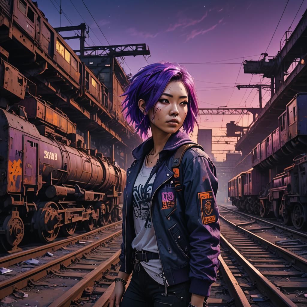 Purple-Haired Woman in Abandoned Railyard, Fantasy Art