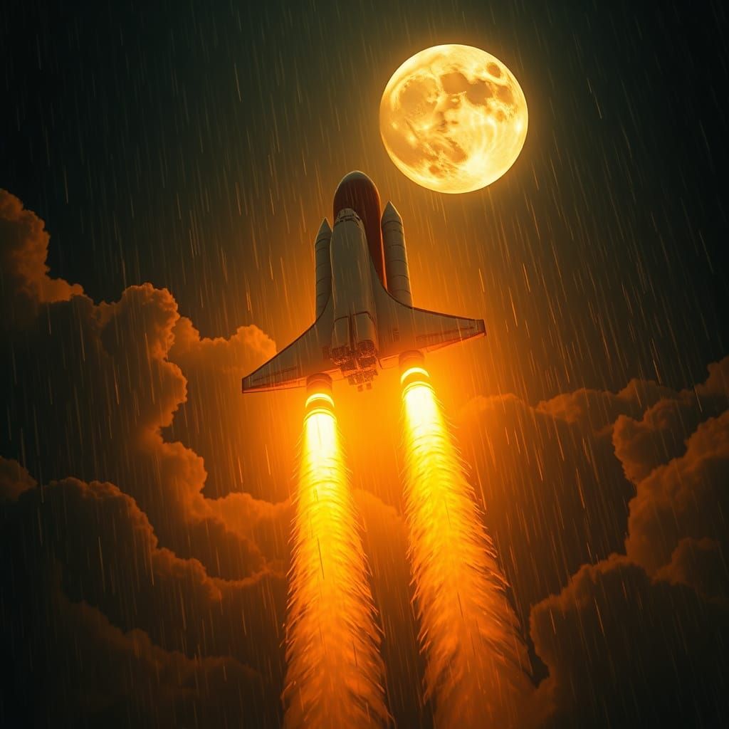 Space Shuttle Launching at Night in Photorealistic Style
