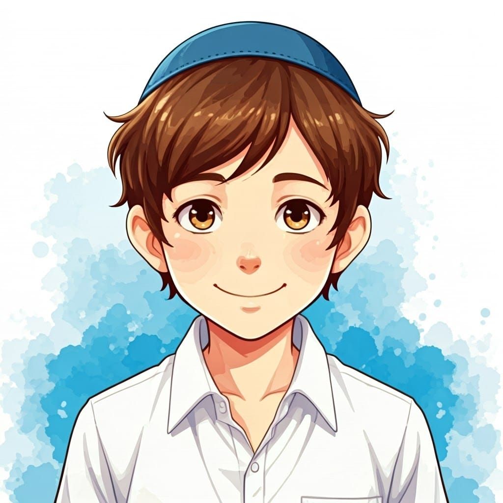 Smiling Jewish Boy in Anime-Style Watercolor