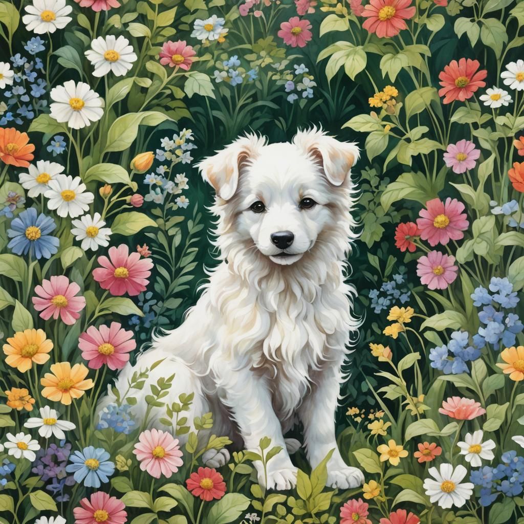 Whimsical Puppy Portrait in Gouache Style