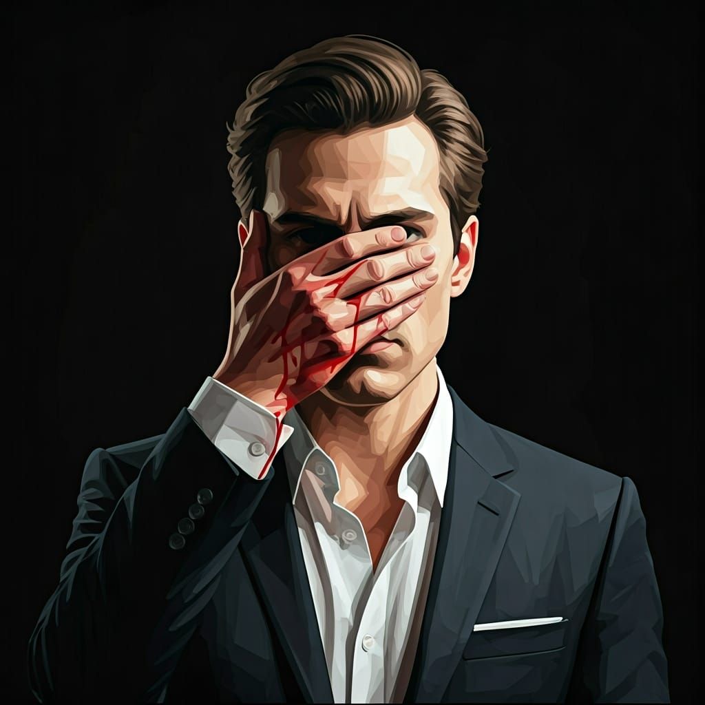 Cubist Artist Hiding Face with Bloody Glove