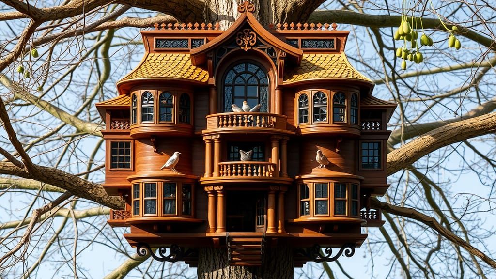 Ornate Bird Mansion with Stained Glass Windows