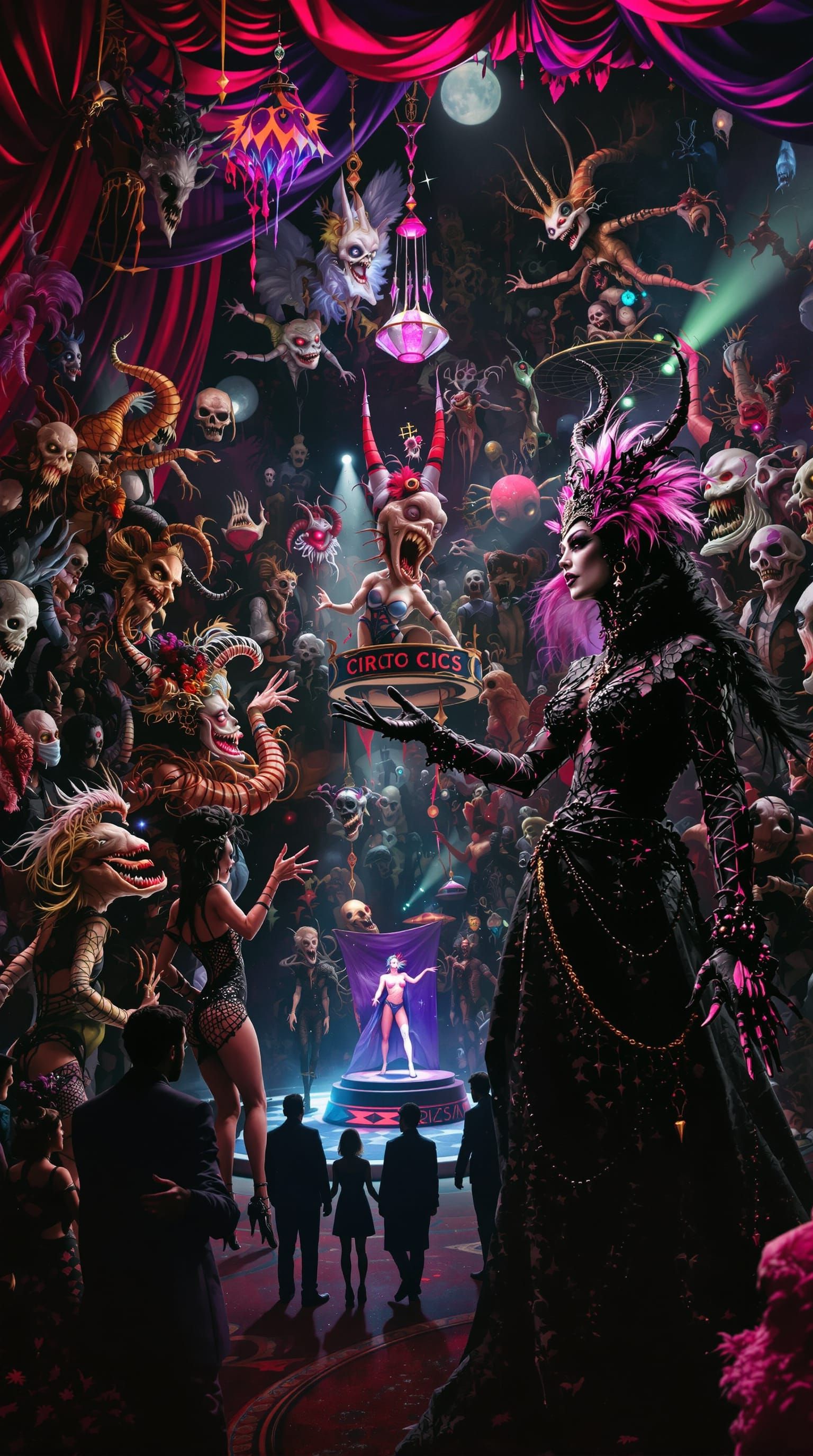 Gothic Ringmaster Welcomes Viewer to Bizarre Circus Scene