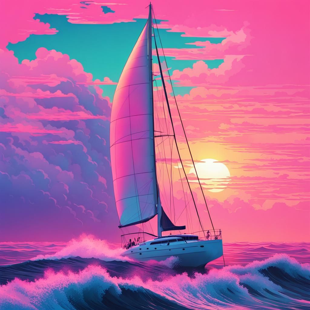 Vaporwave Yacht Sails at Sunrise