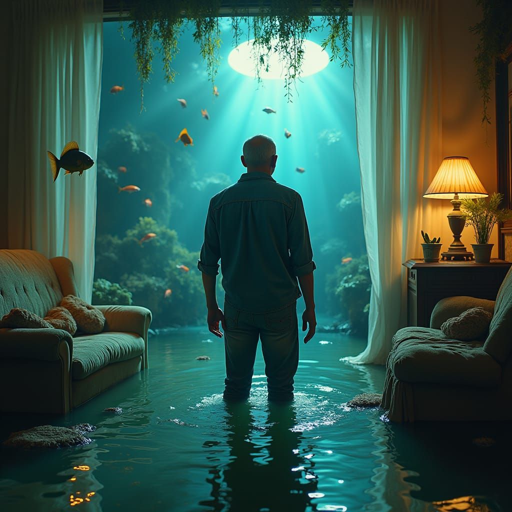 Surreal Flooded Living Room with Exotic Fish