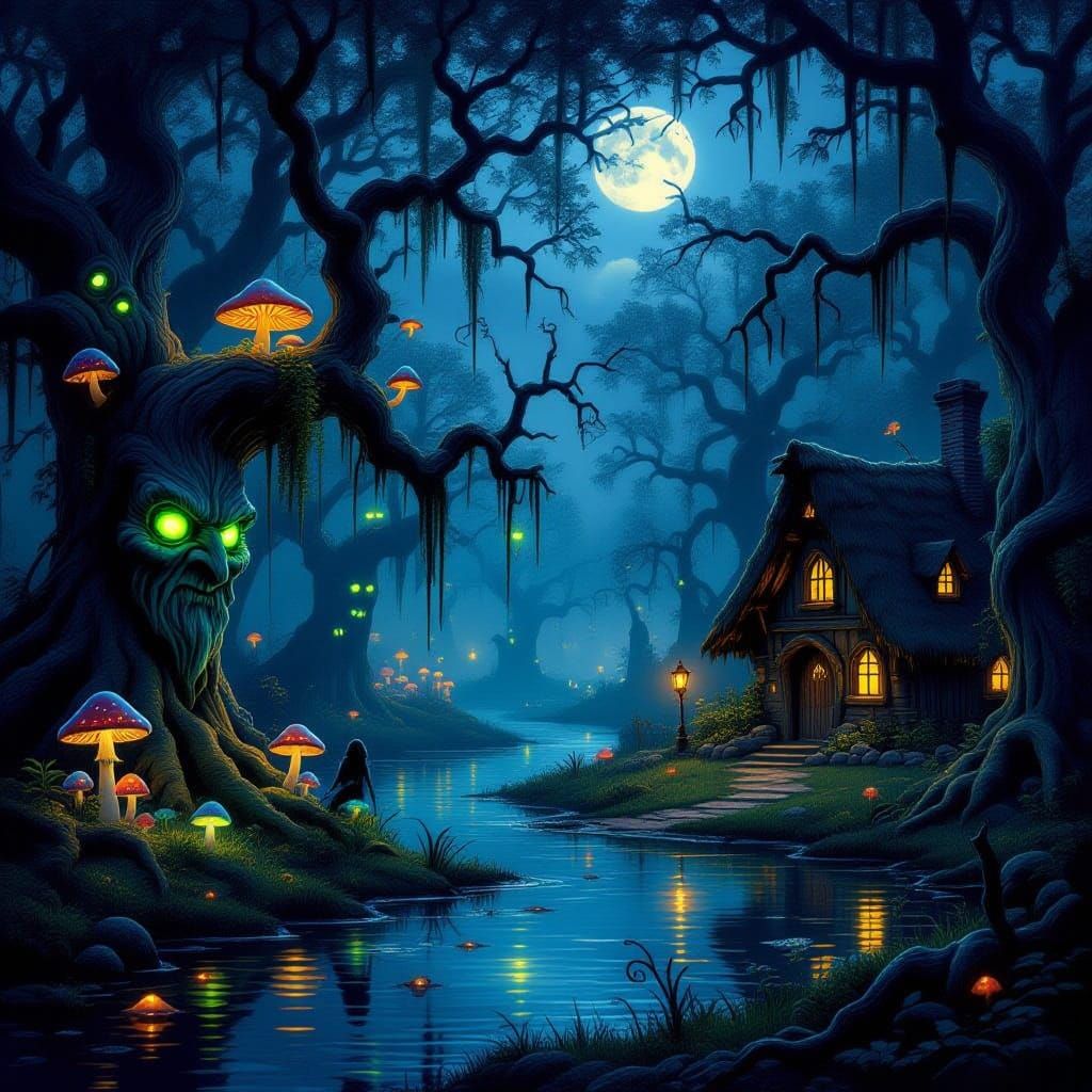 Mystical Swamp at Night in Whimsical, Hyperdetailed Style
