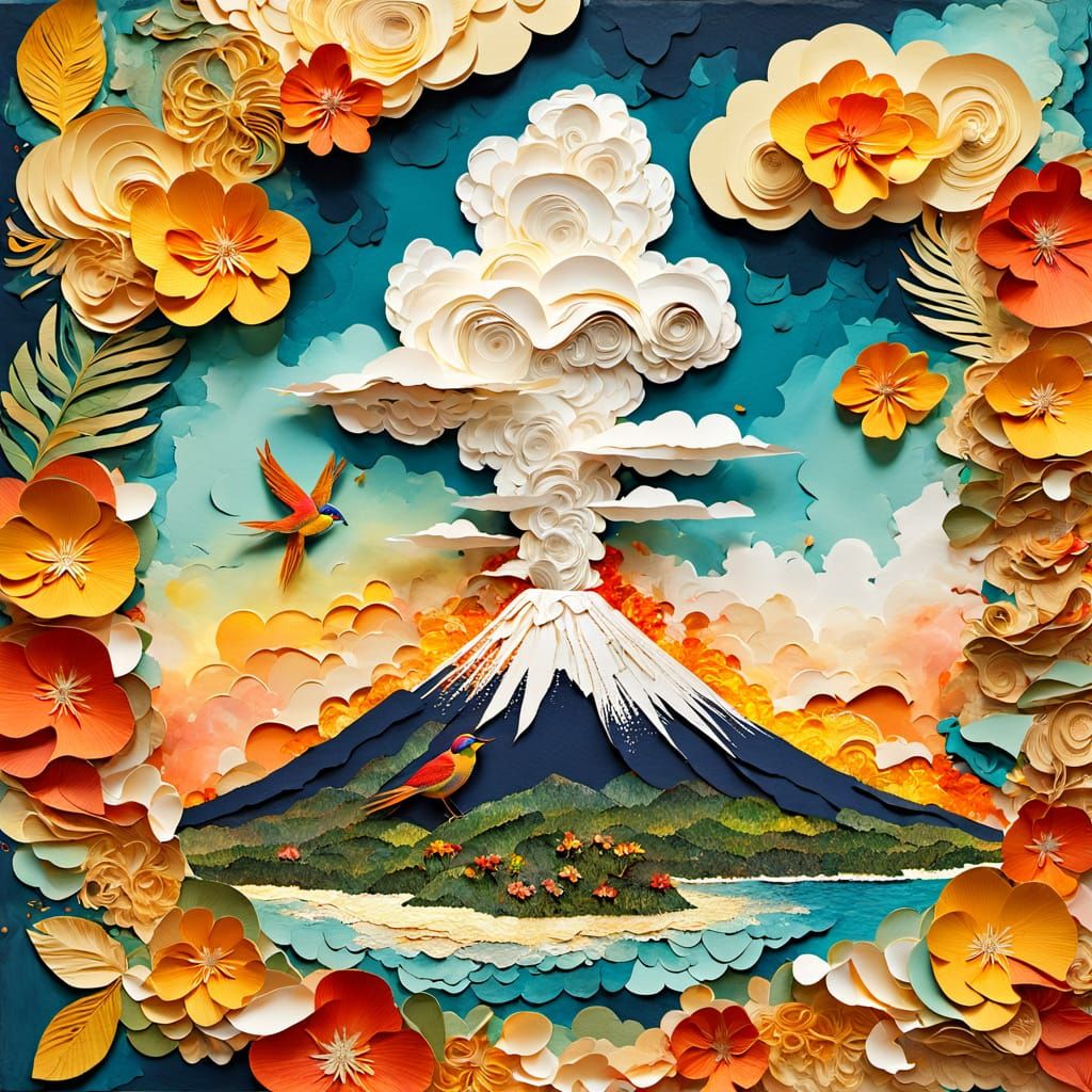 Volcano Erupts on Tropical Island in Impressionistic Style