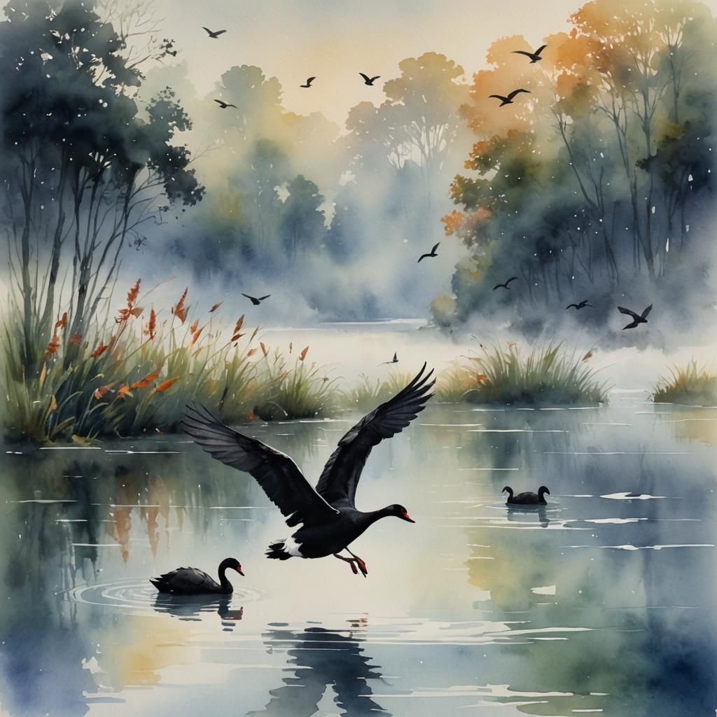 Black Swan Glides on Misty Lake: Watercolor Art