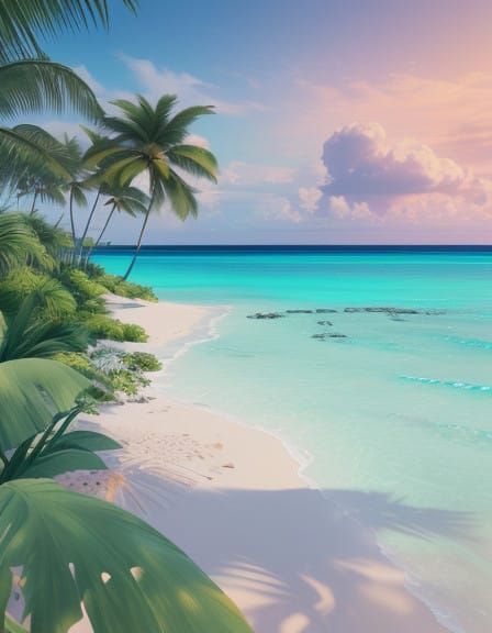 Tropical Beach Paradise with Palm Trees and Hibiscus Flowers