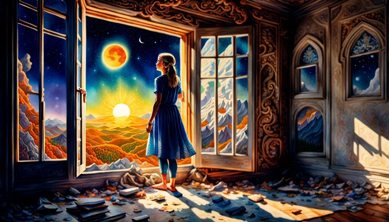 Woman Gazing at Nature Through Sun and Moon Window
