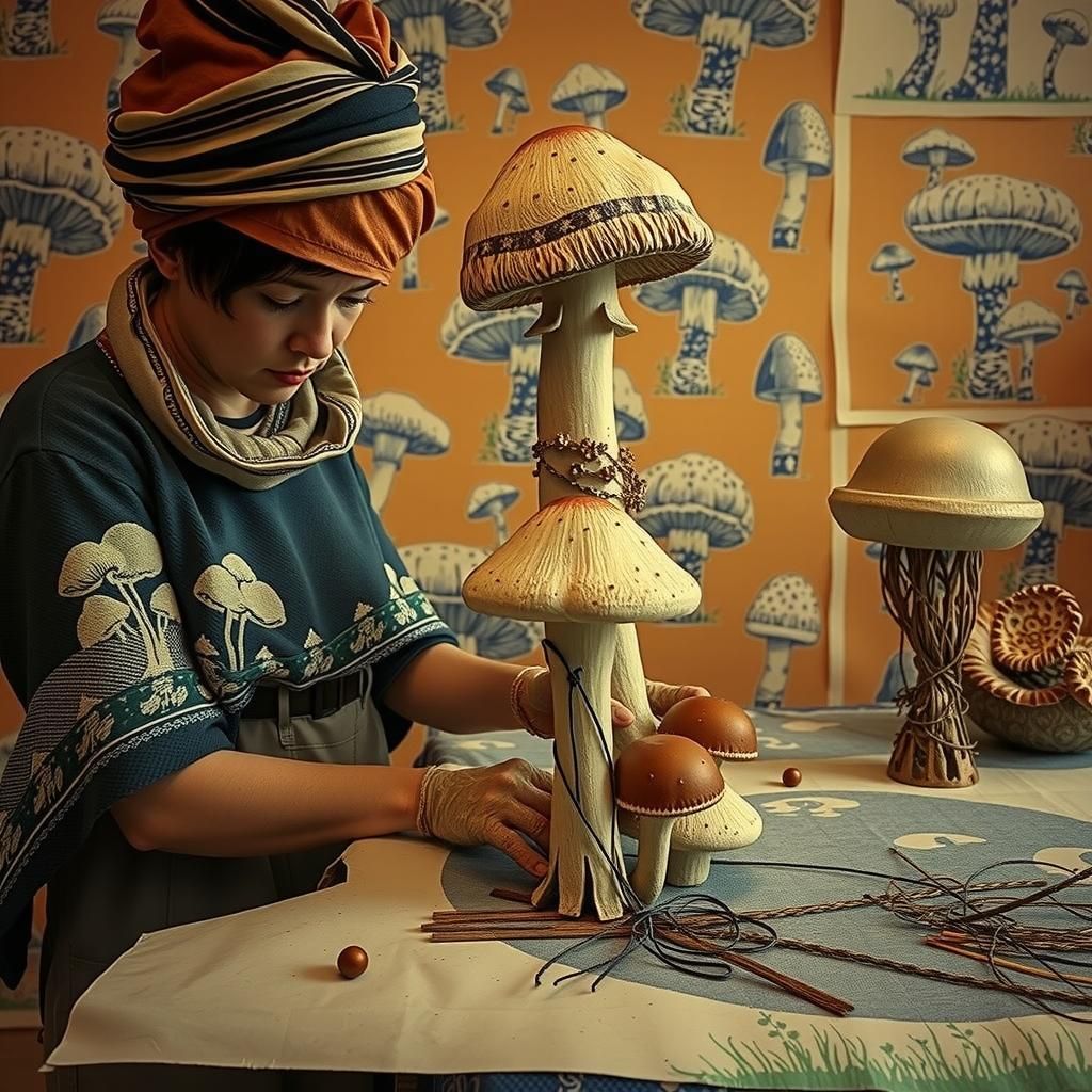 Linocut Mushroom Cultivation Scene with Porcelain Figures