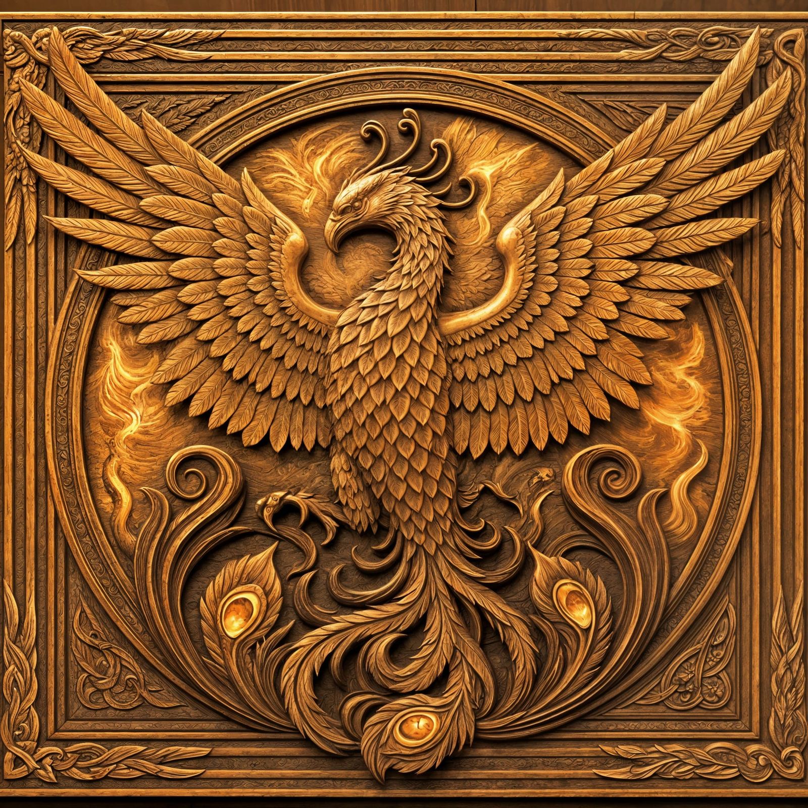Phoenix Rising: Detailed Wood Carving in Flames