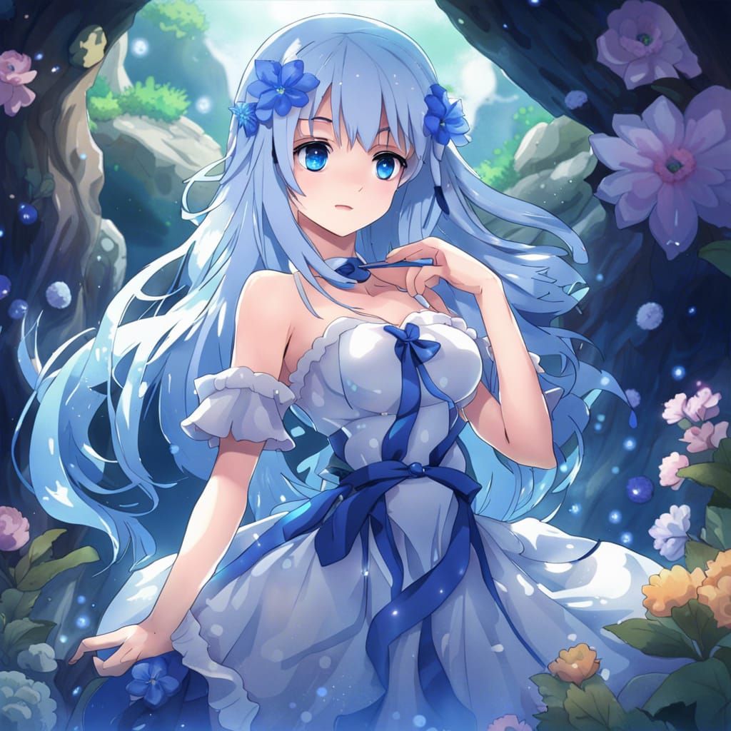 Anime Girl with Sapphire in Blue Cave
