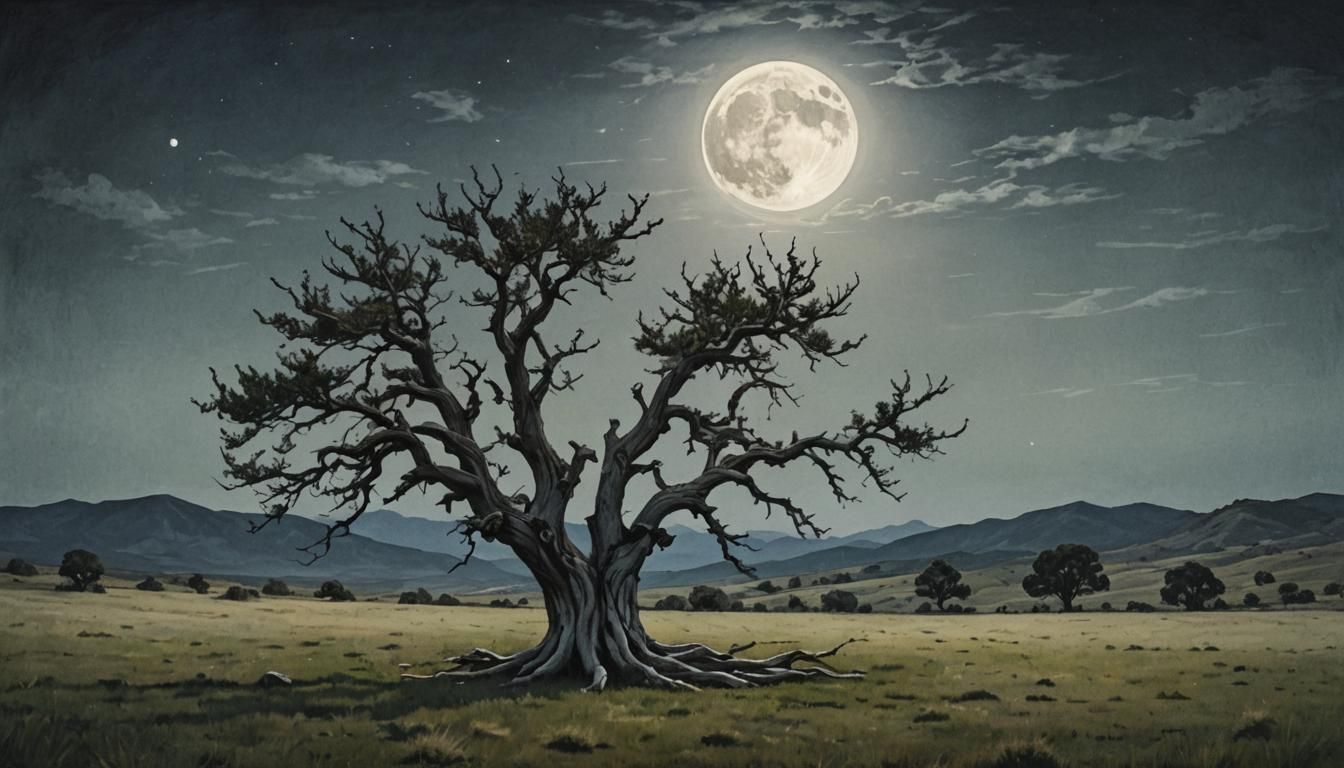 Luminous Full Moon Amidst Dark Landscape with Juniper Tree