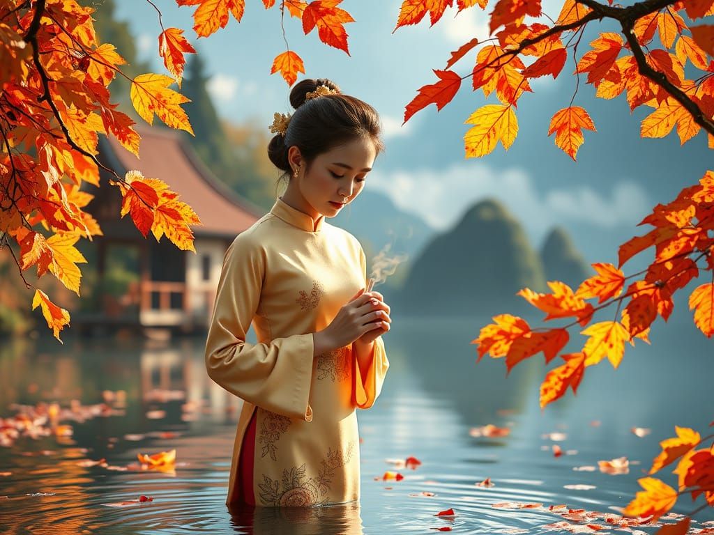 Young Vietnamese Woman Prays Beside Tranquil Lake in Autumn