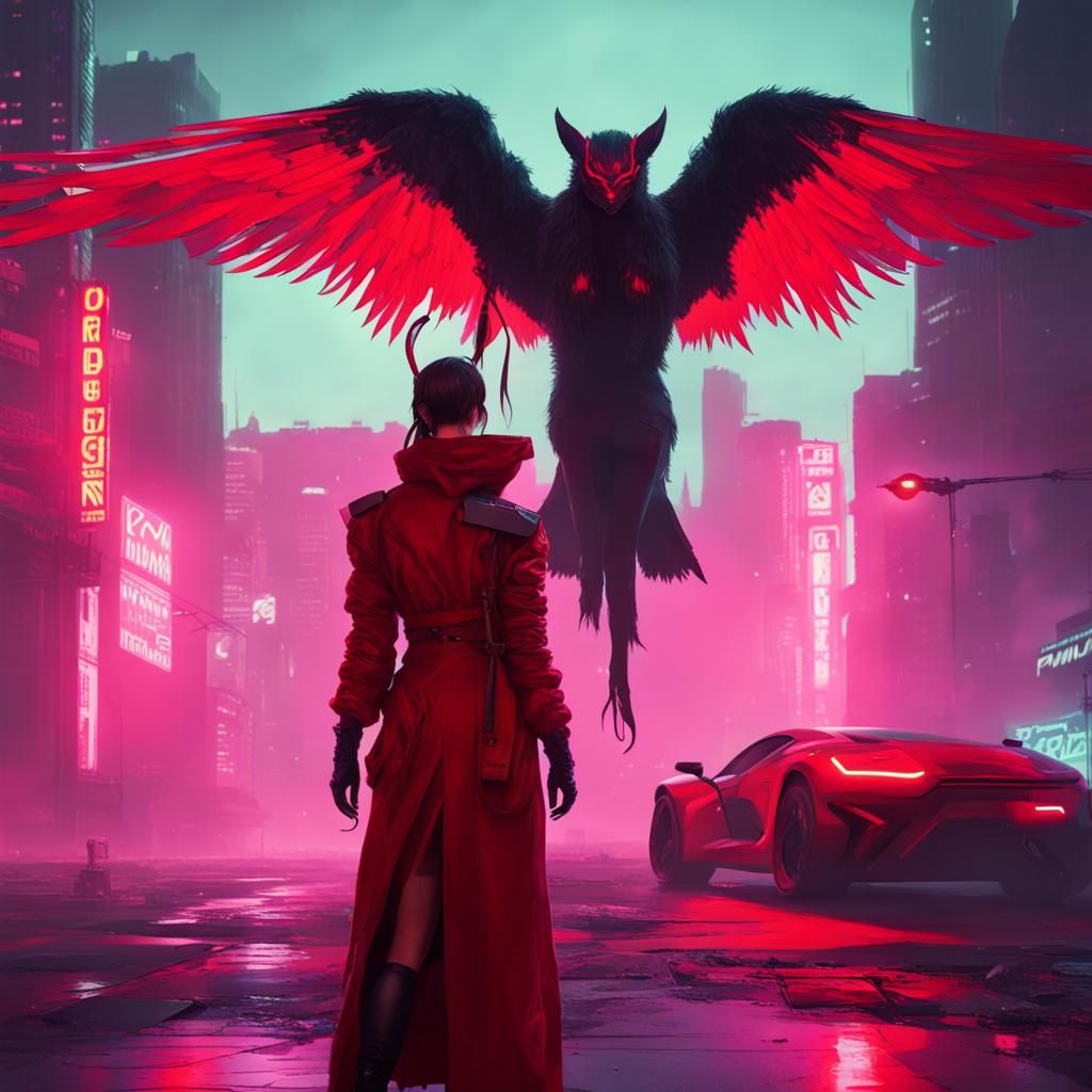 Red Winged Cyberpunk Demon With Puma in Moonlight