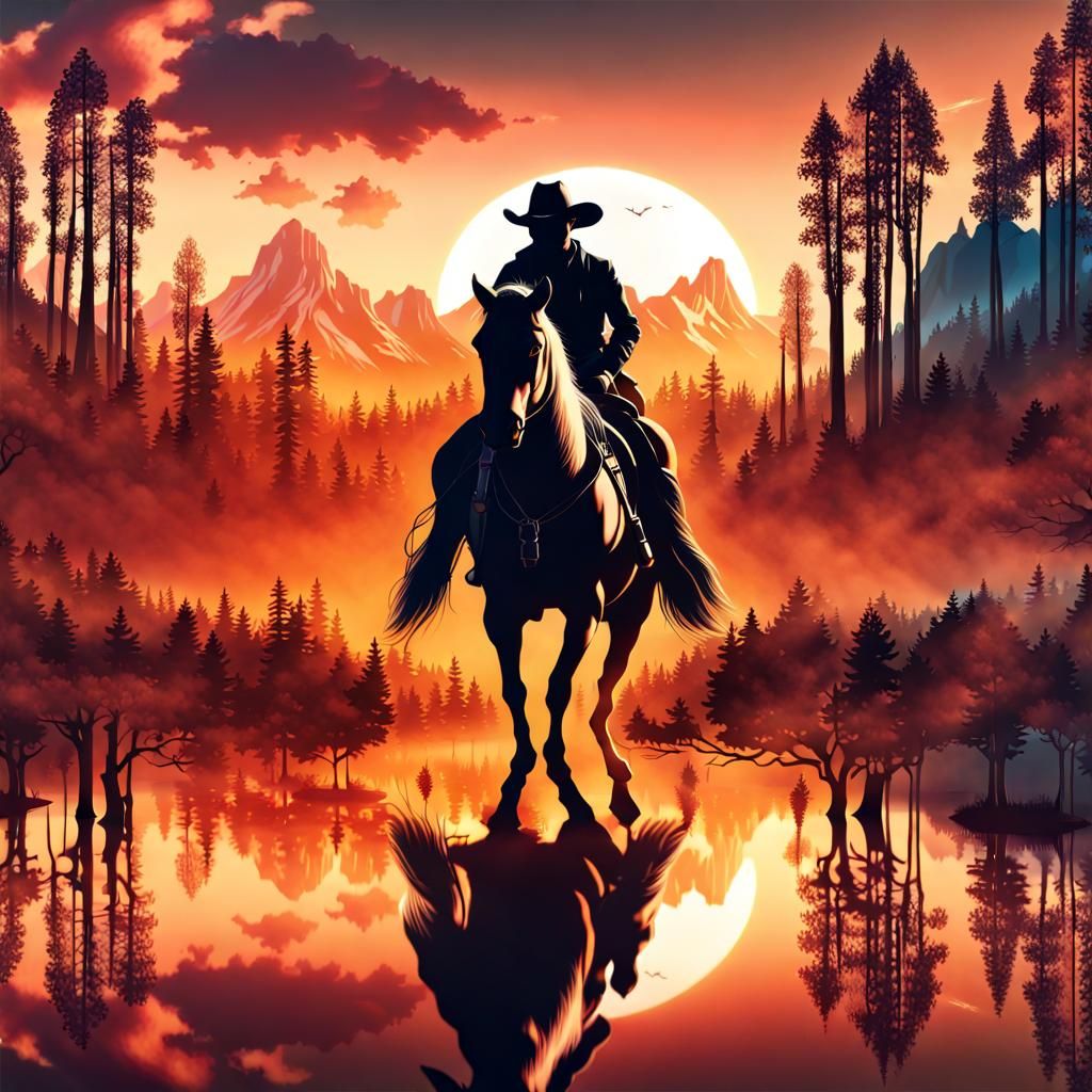 Cowboy Sunset Double Exposure Fantasy Art