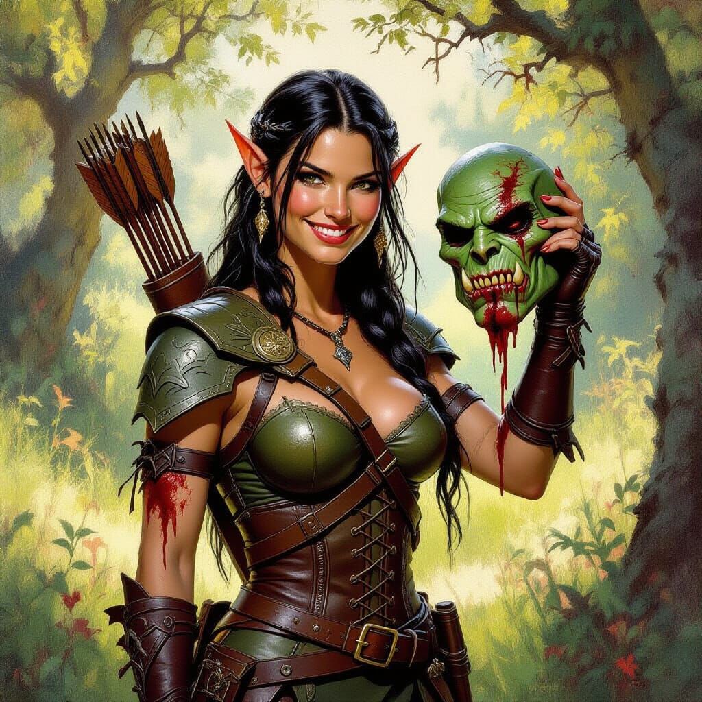 Elf Huntress with Orc Head in Oil Painting Style