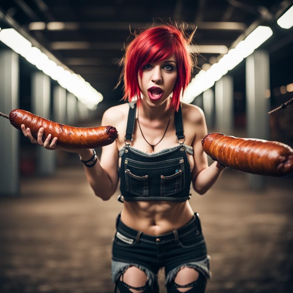 beautiful hot emo girl with big breast in ripped clothes trying to catch a lot of sausages with her mouth while on her k...