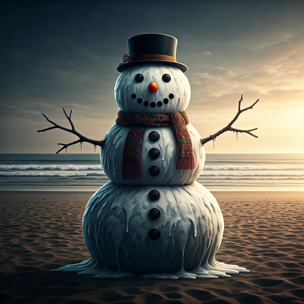 Hyperrealistic Melting Snowman on Santa Monica Beach