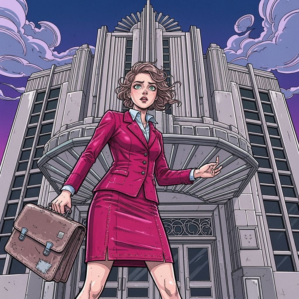 Woman in Pink Suit Before Art Deco Building