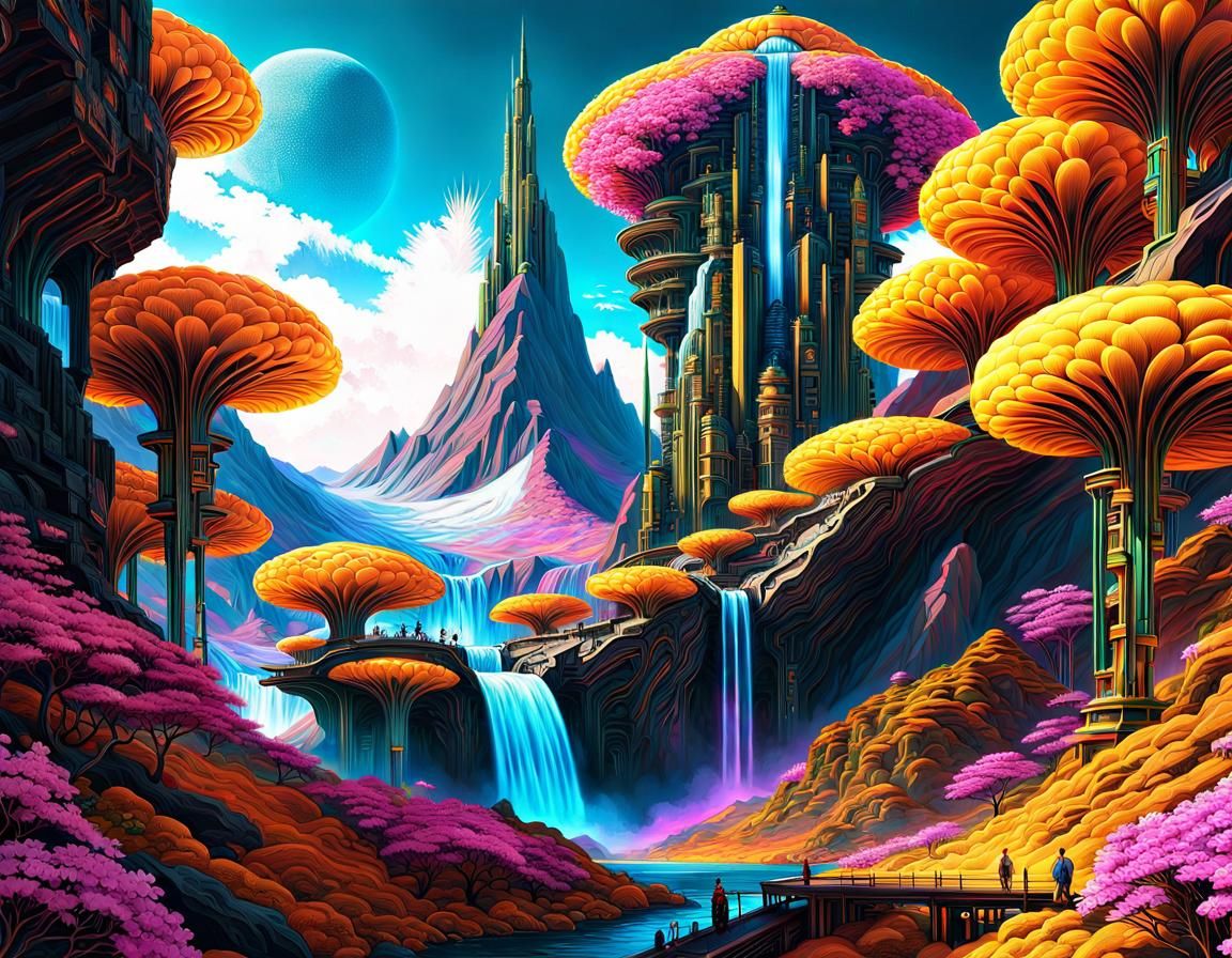 Cyberpunk Floral Mountain Landscape Digital Illustration