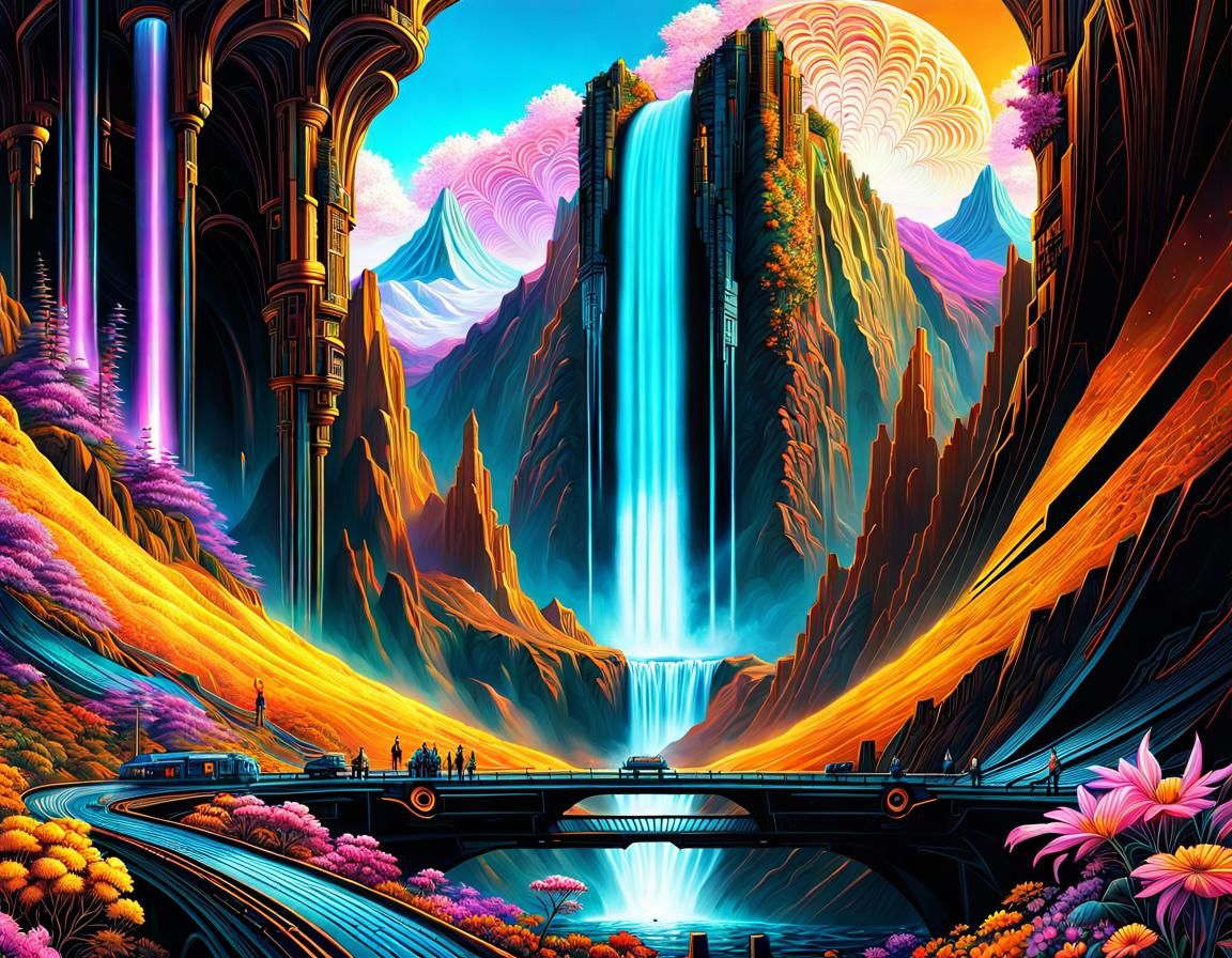 Cyberpunk Mountain Landscape with Floral Elements