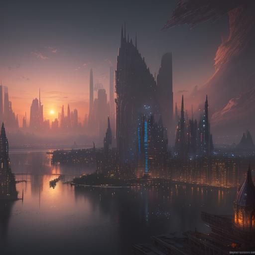Cityscape at Sunset: Detailed Matte Painting