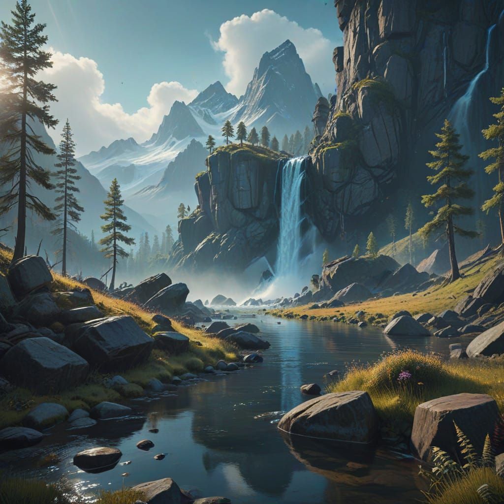 Romantic Alpine Lake Scene in Fantasy Style