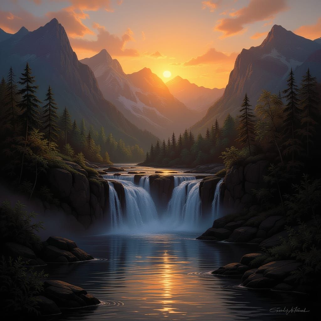 Idyllic Waterfall Landscape in Kinkade Style