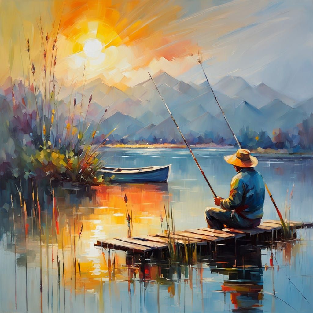 Fisherman in Sunrise Glory, Impasto Oil Painting