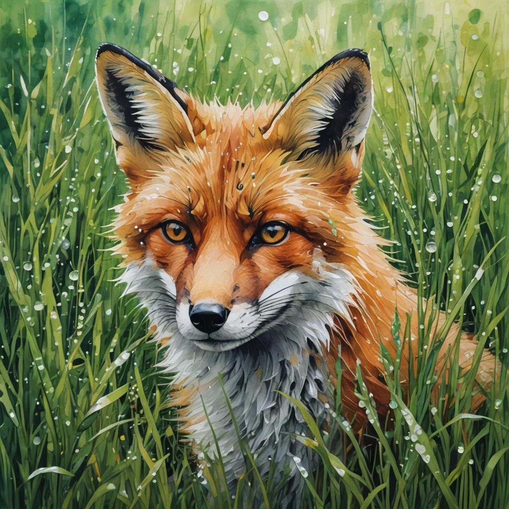 Fox Hidden in Grass with Translucent Details
