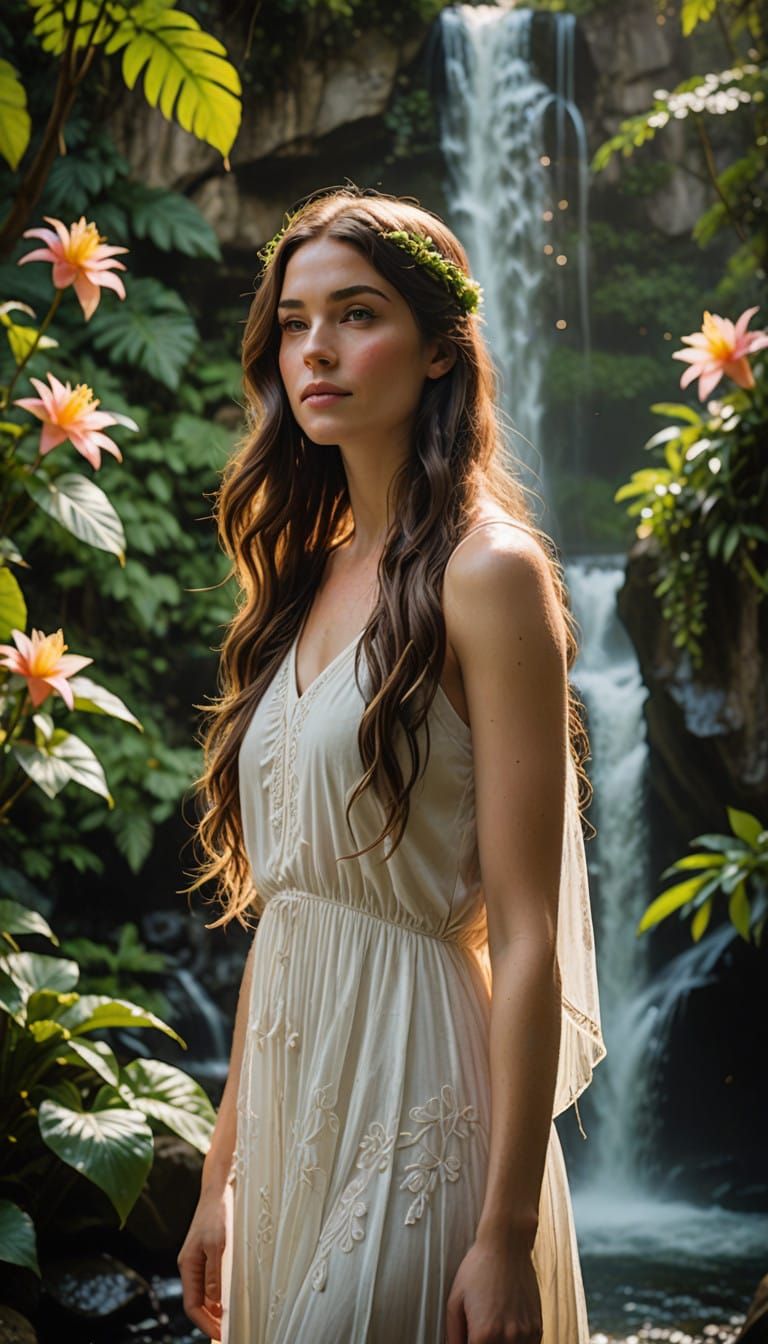 Serene Lady Under Tropical Waterfall