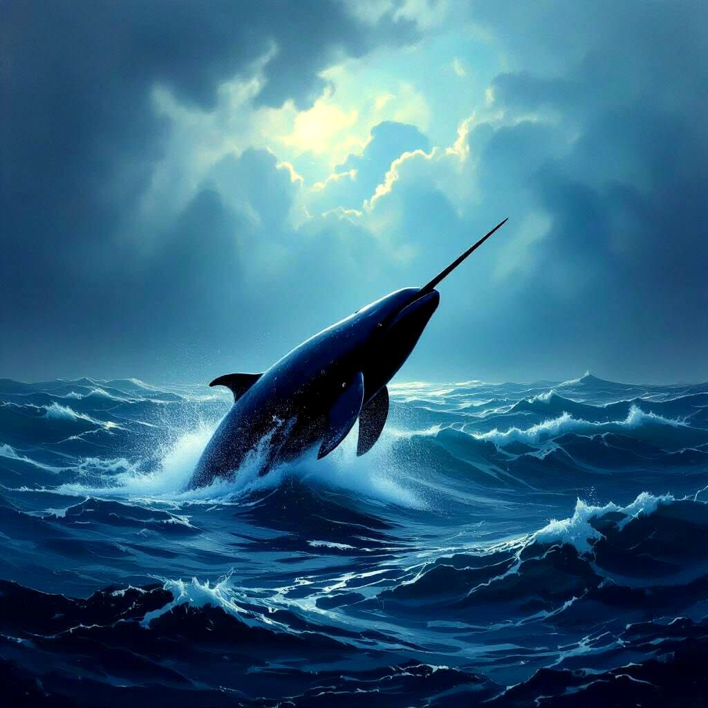 Lone Narwhal Breaching in Stormy Seas, Turner-Inspired Paint...