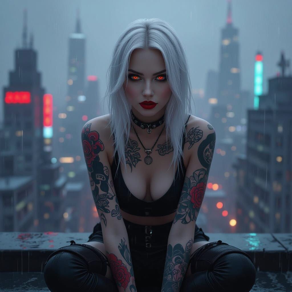 Cyberpunk Woman on Rainy Rooftop in Digital Art Style