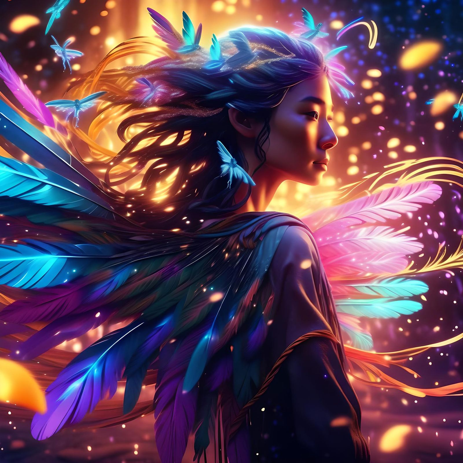 Fantasy Feathered Fairy with Flowing Ink Ribbons