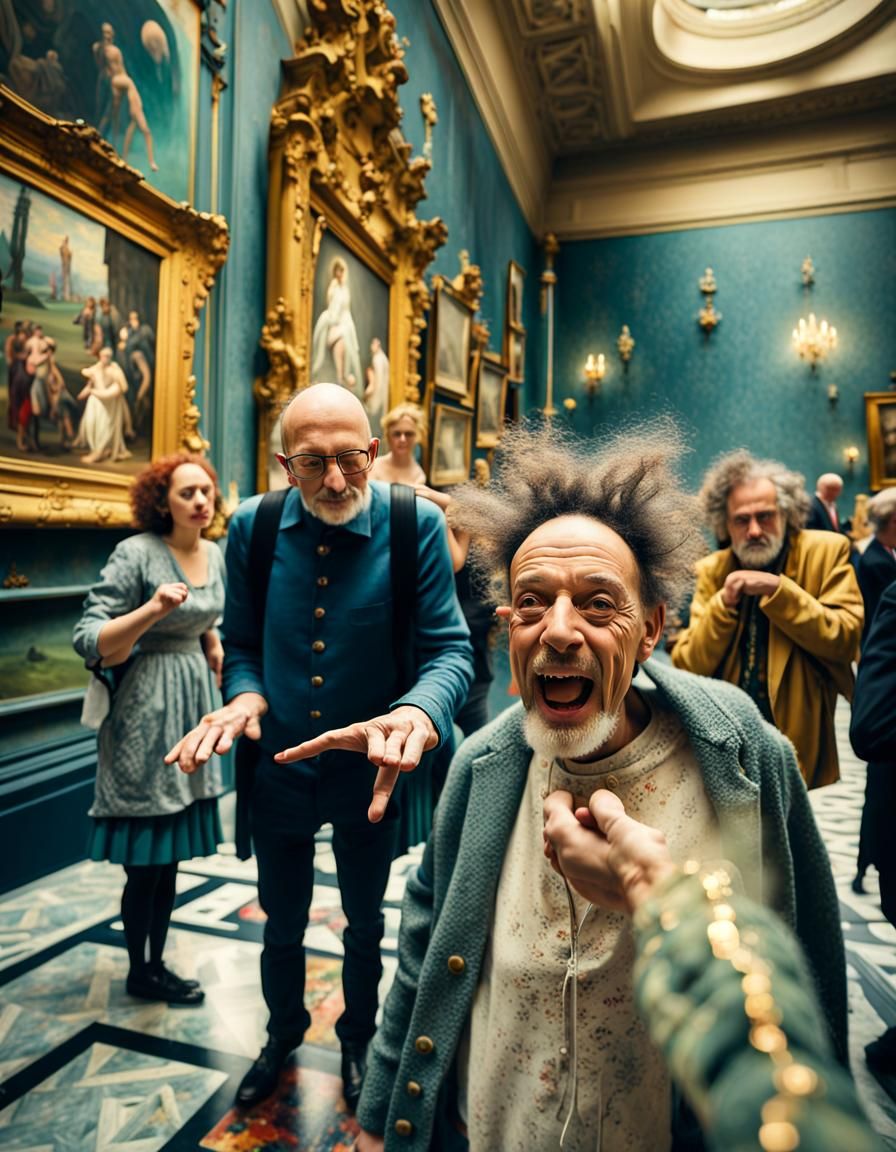 Happy Couples' Banter in Art Museum, Hyperrealistic Photo