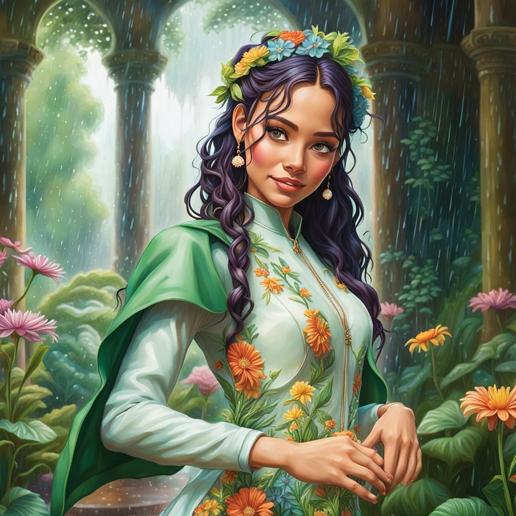 Botanical Girl Dancing in Summer Rain, Hyperrealistic Style