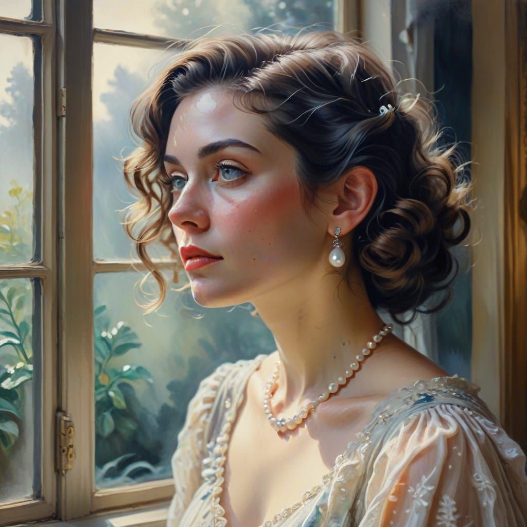 Vintage Woman Gazing Out of a Foggy Window in Epic Impressio...