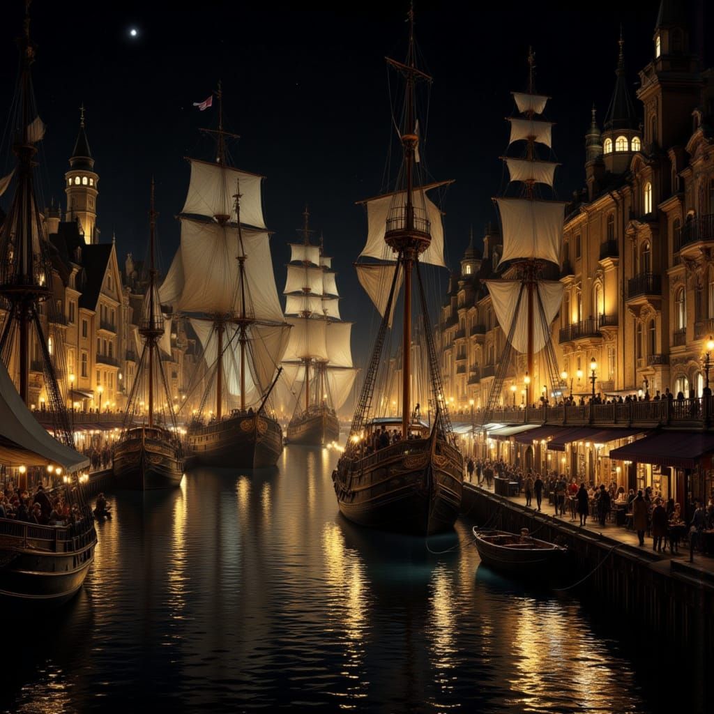 Bustling Ancient Port in Golden Age, Impasto Style