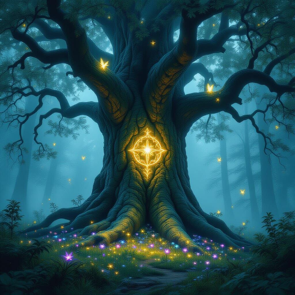 Ancient Tree with Glowing Runes in Misty Forest