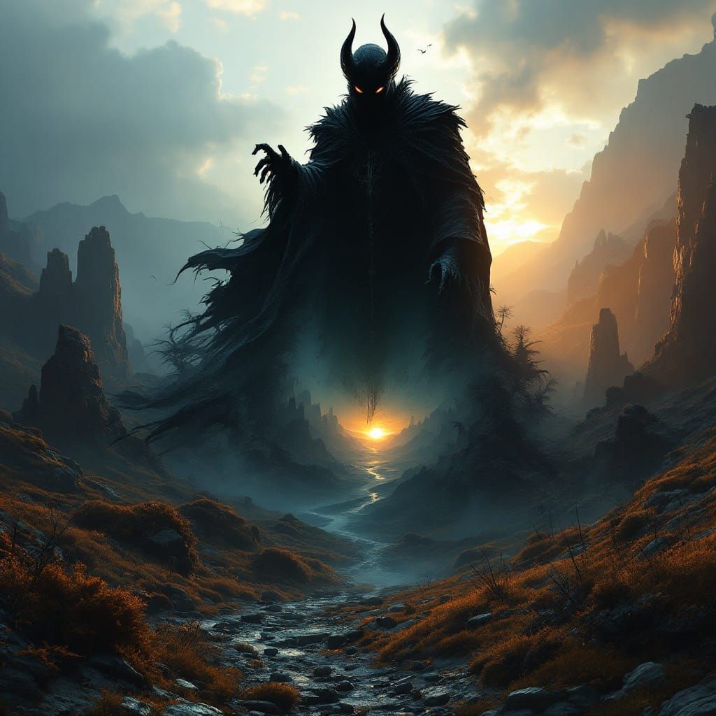 Ethereal Evil Wizard Silhouette with Valley Landscape